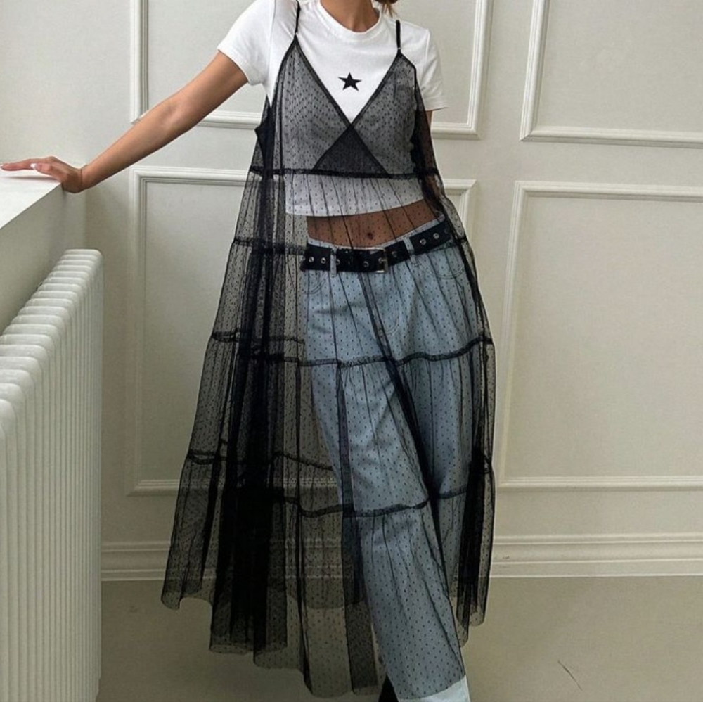 Sheer Black Swiss Dot Mesh Lace Overlay Slip Dress Fairycore Tiered Boho XL